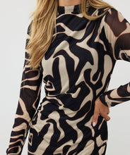 Load image into Gallery viewer, Turn heads in this timeless mesh dress featuring a captivating harmony print. Designed with sheer sleeves and ruched detailing on one side, this fabulous dress is crafted from stretchy fabric for ultimate comfort and style.