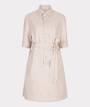 Load image into Gallery viewer, Light sand faux leather shirt dress with a belt against a white background.