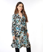 Load image into Gallery viewer, This Dress Twist with Animal Roots Print in bold colors features a feminine front twist detail that gives it a flowy fit, making it an ideal staple in your wardrobe. Whether for a day out or a night of dancing, this piece will add an enchanting print and timeless charm to your ensemble. Color- Peacock blue, navy and olive green. V-Neck. Long sleeve. Collared.