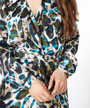 Load image into Gallery viewer, This Dress Twist with Animal Roots Print in bold colors features a feminine front twist detail that gives it a flowy fit, making it an ideal staple in your wardrobe. Whether for a day out or a night of dancing, this piece will add an enchanting print and timeless charm to your ensemble. Color- Peacock blue, navy and olive green. V-Neck. Long sleeve. Collared.