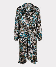 Load image into Gallery viewer, This Dress Twist with Animal Roots Print in bold colors features a feminine front twist detail that gives it a flowy fit, making it an ideal staple in your wardrobe. Whether for a day out or a night of dancing, this piece will add an enchanting print and timeless charm to your ensemble. Color- Peacock blue, navy and olive green. V-Neck. Long sleeve. Collared.