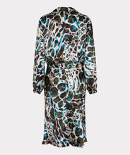 Load image into Gallery viewer, This Dress Twist with Animal Roots Print in bold colors features a feminine front twist detail that gives it a flowy fit, making it an ideal staple in your wardrobe. Whether for a day out or a night of dancing, this piece will add an enchanting print and timeless charm to your ensemble. Color- Peacock blue, navy and olive green. V-Neck. Long sleeve. Collared.