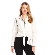 Load image into Gallery viewer, Enhance your outfit with this fashionable Ottilie Off White with Black Edge Stitch Tie Front Top from Karen Kane. Featuring a touch of edginess with contrast stitching detail, this top is designed for both style and comfort. The flattering fit of the tie front and the enhanced look of the stitching detail make this top a must-have for any wardrobe.