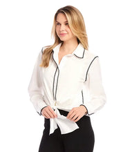 Load image into Gallery viewer, Enhance your outfit with this fashionable Ottilie Off White with Black Edge Stitch Tie Front Top from Karen Kane. Featuring a touch of edginess with contrast stitching detail, this top is designed for both style and comfort. The flattering fit of the tie front and the enhanced look of the stitching detail make this top a must-have for any wardrobe.