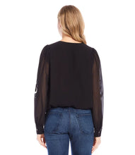 Load image into Gallery viewer, This elegant top will undoubtedly capture all the attention. Its stunning ivory floral embroidery on the black georgette fabric, is embellished with dazzling beads, while the sheer georgette blouson sleeves add extra sophistication. It's a versatile piece that can be dressed up or down for any occasion. A must-have for any wardrobe looking for an added touch of elegance.