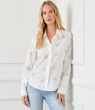 Load image into Gallery viewer, The Eden Embellished Button-Up Shirt by Karen Kane is a sophisticated and timeless piece designed to elevate your wardrobe. Featuring hand-embellished details, this shirt blends elegance with a relaxed fit for effortless styling. Crafted from laundered cotton poplin, it offers a breathable and lightweight feel, perfect for both casual and dressy occasions.