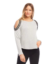 Load image into Gallery viewer, This cold-shoulder sweatshirt, masterfully crafted with detailed pearl adornments set against a backdrop of black, metallic gold, and cream tweed, brings an elegant flair to any ensemble. Perfect for errands or a relaxed evening, it provides an ideal mix of comfort and chic.