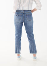 Load image into Gallery viewer, This jean is a must-have addition to any denim collection, with its charming embroidered hearts and eye-catching embellishments. In addition, slight distressing gives this jean extra edge! Color- Light blue. Embellishments. Slight distressing. Mid-rise. Button and zip fly. Low stretch.