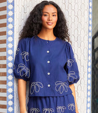 Load image into Gallery viewer, Emely Embroidered Puff Sleeve Shirt in Navy - Karen Kane 2L70107