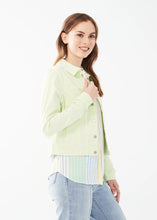 Load image into Gallery viewer, Add a touch of sophistication and vibrance to your wardrobe with the FDJ French Dressing Euro Twill Cropped Jacket in Mojito Green. This chic cropped jacket is designed to elevate your style with its sleek and versatile look. Perfect for pairing with a warm sweater on chilly days or with jeans and a t-shirt on warmer days, our Evelyn adds a pop of freshness to your wardrobe, making it a standout piece for all seasons.