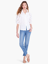 Load image into Gallery viewer, An embroidered top loaded with detail, this shirt is a must-have for casual denim looks and elevated outfits alike. Signature embroidery details and negative space on the puff sleeves add texture and interest to your look. Elastic at the short sleeve openings add extra shape. Wear it with the collar popped to add some attitude. With a classic button front and a hem designed to sit at the hip. Color- Paper white. Regular fit. Shirt collar. Short sleeve.