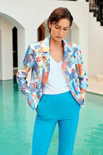 Load image into Gallery viewer, The Face Print Faux Suede Moto Jacket - Joseph Ribkoff Style 241910 is the perfect statement piece for any fashion-forward individual. Its long-sleeved design, bold print, and premium suede material exude luxury and sophistication, while its flattering straight silhouette suits all body types. Color - Multi. Abstract floral and face print. Notched Collar. Long sleeves. Lined.