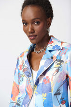 Load image into Gallery viewer, The Face Print Faux Suede Moto Jacket - Joseph Ribkoff Style 241910 is the perfect statement piece for any fashion-forward individual. Its long-sleeved design, bold print, and premium suede material exude luxury and sophistication, while its flattering straight silhouette suits all body types. Color - Multi. Abstract floral and face print. Notched Collar. Long sleeves. Lined.