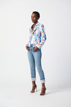 Load image into Gallery viewer, The Face Print Faux Suede Moto Jacket - Joseph Ribkoff Style 241910 is the perfect statement piece for any fashion-forward individual. Its long-sleeved design, bold print, and premium suede material exude luxury and sophistication, while its flattering straight silhouette suits all body types. Color - Multi. Abstract floral and face print. Notched Collar. Long sleeves. Lined.