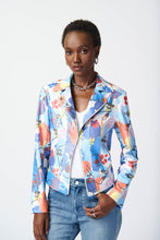 Load image into Gallery viewer, The Face Print Faux Suede Moto Jacket - Joseph Ribkoff Style 241910 is the perfect statement piece for any fashion-forward individual. Its long-sleeved design, bold print, and premium suede material exude luxury and sophistication, while its flattering straight silhouette suits all body types. Color - Multi. Abstract floral and face print. Notched Collar. Long sleeves. Lined.