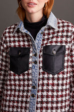 Load image into Gallery viewer, The Fantasia Shacket offers a chic update to your autumn collection. Showcasing a classic plaid design in a striking mix of red, black, and white, it boasts eye-catching accents with denim cuffs and collar, along with faux leather pockets secured by fancy buttons. Ideal for the brisk weather, this shacket promises to keep you warm and fashionable.