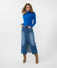 Load image into Gallery viewer, Crafted from durable and cozy fabric for optimal comfort, this turtleneck sweater showcases elegant shoulder details, featuring shiny gold buttons that add a touch of sophistication. The brilliant blue color complements any outfit, from casual jeans to dressy skirts.
