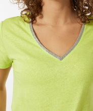 Load image into Gallery viewer, Our EsQualo t-shirt is an elevated style with a lime green color and fancy glitter V-neck trim. Made from extra soft knit fabric, the Lidy is a comfortable piece to wear alone in the warm days or under a jacket when it is cooler. Color- Lime. Silver glitter neckline trim. V-neck. Short sleeves. Knit fabric. Fabric- 55% Linen. 45% Cotton.