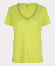Load image into Gallery viewer, Our EsQualo t-shirt is an elevated style with a lime green color and fancy glitter V-neck trim. Made from extra soft knit fabric, the Lidy is a comfortable piece to wear alone in the warm days or under a jacket when it is cooler. Color- Lime. Silver glitter neckline trim. V-neck. Short sleeves. Knit fabric. Fabric- 55% Linen. 45% Cotton.