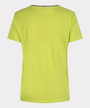 Load image into Gallery viewer, Our EsQualo t-shirt is an elevated style with a lime green color and fancy glitter V-neck trim. Made from extra soft knit fabric, the Lidy is a comfortable piece to wear alone in the warm days or under a jacket when it is cooler. Color- Lime. Silver glitter neckline trim. V-neck. Short sleeves. Knit fabric. Fabric- 55% Linen. 45% Cotton.