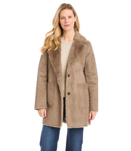 Load image into Gallery viewer, A fold over collar shows off the cozy faux-fur lining of this polished coat that is outfitted with patch pockets for even more warmth. Color- Taupe. Patch pockets. Button down. Faux fur. Fabric- 100% Polyester. Care- Dry clean.
