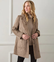 Load image into Gallery viewer, A fold over collar shows off the cozy faux-fur lining of this polished coat that is outfitted with patch pockets for even more warmth. Color- Taupe. Patch pockets. Button down. Faux fur. Fabric- 100% Polyester. Care- Dry clean.