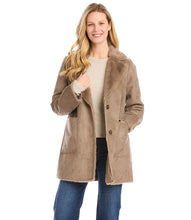 Load image into Gallery viewer, A fold over collar shows off the cozy faux-fur lining of this polished coat that is outfitted with patch pockets for even more warmth. Color- Taupe. Patch pockets. Button down. Faux fur. Fabric- 100% Polyester. Care- Dry clean.