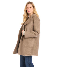 Load image into Gallery viewer, A fold over collar shows off the cozy faux-fur lining of this polished coat that is outfitted with patch pockets for even more warmth. Color- Taupe. Patch pockets. Button down. Faux fur. Fabric- 100% Polyester. Care- Dry clean.