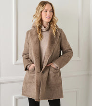 Load image into Gallery viewer, A fold over collar shows off the cozy faux-fur lining of this polished coat that is outfitted with patch pockets for even more warmth. Color- Taupe. Patch pockets. Button down. Faux fur. Fabric- 100% Polyester. Care- Dry clean.