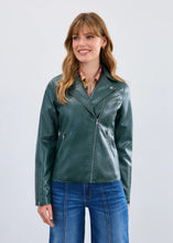 Load image into Gallery viewer, Woman wearing a green leather jacket and blue jeans against a white background.