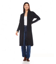 Load image into Gallery viewer, Discover our Faux Leather Patch Duster, an ideal complement to your cool-weather collection. Crafted with an extended length, this duster offers both protection and warmth without compromising on style. It boasts a vegan leather patch sleeve, making it an impeccable choice for both a laid-back day or an evening in the city.