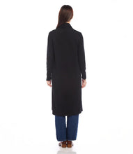 Load image into Gallery viewer, Discover our Faux Leather Patch Duster, an ideal complement to your cool-weather collection. Crafted with an extended length, this duster offers both protection and warmth without compromising on style. It boasts a vegan leather patch sleeve, making it an impeccable choice for both a laid-back day or an evening in the city.