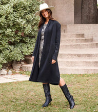 Load image into Gallery viewer, Discover our Faux Leather Patch Duster, an ideal complement to your cool-weather collection. Crafted with an extended length, this duster offers both protection and warmth without compromising on style. It boasts a vegan leather patch sleeve, making it an impeccable choice for both a laid-back day or an evening in the city.