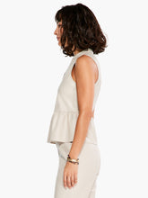 Load image into Gallery viewer, Made from vegan leather, it's easy to elevate any look with this elegant top in tasteful beige. This sleeveless silhouette is designed with ruching details around the neck and at the slightly flared waist, giving it a feminine look and shape. A split neck makes it easy to pull on. Pairs with everything from denim to our matching FRAIDA FAUX LEATHER STRAIGHT LEG TROUSER - NIC & ZOE. Color- Cobblestone; Light beige. Lightweight. Regular fit. Split neck. Sleeveless. Sits at hip.