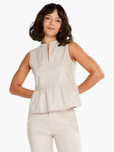 Load image into Gallery viewer, Made from vegan leather, it's easy to elevate any look with this elegant top in tasteful beige. This sleeveless silhouette is designed with ruching details around the neck and at the slightly flared waist, giving it a feminine look and shape. A split neck makes it easy to pull on. Pairs with everything from denim to our matching FRAIDA FAUX LEATHER STRAIGHT LEG TROUSER - NIC & ZOE. Color- Cobblestone; Light beige. Lightweight. Regular fit. Split neck. Sleeveless. Sits at hip.