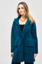 Load image into Gallery viewer, Embrace the cooler seasons with this snug feather yarn sweater coat in a stunning twilight blue shade. Featuring a convenient mid-thigh length, single-button closure, and flap pockets, this garment transitions seamlessly from daytime to evening wear.