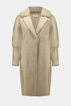 Load image into Gallery viewer, Warm taupe coat with a pearl brooch against a white background.