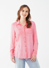 Load image into Gallery viewer, This lovely shirt exudes a relaxed charm that complements your personal style while adding a touch of effortless sophistication. The bold flamingo pink hue adds a vibrant pop of color to your daily attire. Color- Flamingo Pink. Spread collar. Button front closure. Long sleeves with roll-tab. Breast pockets.