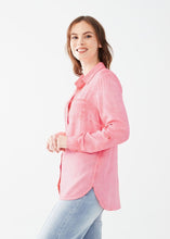 Load image into Gallery viewer, This lovely shirt exudes a relaxed charm that complements your personal style while adding a touch of effortless sophistication. The bold flamingo pink hue adds a vibrant pop of color to your daily attire. Color- Flamingo Pink. Spread collar. Button front closure. Long sleeves with roll-tab. Breast pockets.