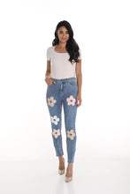 Load image into Gallery viewer, These dazzling blue denim jeans feature intricate floral embroidery, adding a feminine touch to the classic design. Our Freesia offers a soft, stretchy feel that ensures all-day comfort. The jeans are designed with a flattering fit, making them perfect for casual summer occasions.