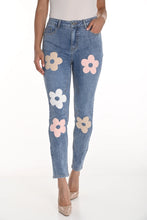 Load image into Gallery viewer, These dazzling blue denim jeans feature intricate floral embroidery, adding a feminine touch to the classic design. Our Freesia offers a soft, stretchy feel that ensures all-day comfort. The jeans are designed with a flattering fit, making them perfect for casual summer occasions.