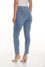 Load image into Gallery viewer, These dazzling blue denim jeans feature intricate floral embroidery, adding a feminine touch to the classic design. Our Freesia offers a soft, stretchy feel that ensures all-day comfort. The jeans are designed with a flattering fit, making them perfect for casual summer occasions.