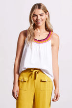 Load image into Gallery viewer, Experience the laid-back lifestyle of spring/summer with this charming flowy sleeveless top featuring a crochet neckline. Made from cotton, you'll stay stylish and comfortable on warmer days. Change up the look by layering this fabulous top under a cardigan or jacket.
