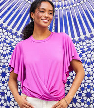 Load image into Gallery viewer, Discover effortless elegance with the Fia Flutter Sleeve Drape Front Top by Karen Kane. Designed with soft, flowing flutter sleeves and a beautifully draped front, this top creates a flattering silhouette with a touch of sophistication. Whether styled with tailored trousers for work or denim for a chic casual vibe, this versatile blouse is a must-have for any wardrobe. Perfect for day-to-night styling, this lightweight drape-front top pairs beautifully with skirts, jeans, or structured pants.