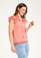 Load image into Gallery viewer, A boho-chic essential, this flutter sleeve eyelet top blends intricate detailing with a relaxed silhouette for effortless elegance. The placed eyelet design adds a touch of artistry, while the soft clay hue makes it a versatile wardrobe staple.