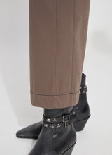Load image into Gallery viewer, Our Franca Seamed Wide Leg Crop in 4-way stretch Knit Denim features a concealed patented waistband, tricot-lined pockets for a smooth silhouette, contrast-color topstitching, and vegan suede belt loops. Designed to fit snugly at the waist and skim the hips, it flares into a wide-legged crop. With a back yoke and garment dye for added softness, it includes vertical seams running from the pocket to the hem, enhancing the appearance of slimmer hips.