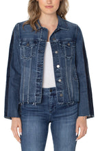 Load image into Gallery viewer, The timeless jean jacket gets a modern edge with a frayed hem and velvet trim adorning the silhouette. Its versatility makes it ideal for a range of occasions and it can easily be elevated when paired with the coordinating Hannah Crop Flare. Color- Gilmore; dark blue with fading. Button front closure. Velvet trim down arms. Elevated frayed hem details. Flap patch pockets.