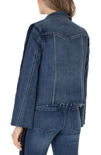 Load image into Gallery viewer, The timeless jean jacket gets a modern edge with a frayed hem and velvet trim adorning the silhouette. Its versatility makes it ideal for a range of occasions and it can easily be elevated when paired with the coordinating Hannah Crop Flare. Color- Gilmore; dark blue with fading. Button front closure. Velvet trim down arms. Elevated frayed hem details. Flap patch pockets.