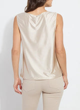Load image into Gallery viewer, Made from Stretch Satin Jersey, the sleeveless Freida Draped Top offers a slim fit, hip length and asymmetrically draped neckline. Bringing timeless appeal, this elevated blouse looks like silk, while offering the stretchy comfort of Jersey. Pair it with our Baby Bootcut Ankle Denim in Beige.