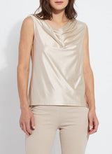 Load image into Gallery viewer, Made from Stretch Satin Jersey, the sleeveless Freida Draped Top offers a slim fit, hip length and asymmetrically draped neckline. Bringing timeless appeal, this elevated blouse looks like silk, while offering the stretchy comfort of Jersey. Pair it with our Baby Bootcut Ankle Denim in Beige.